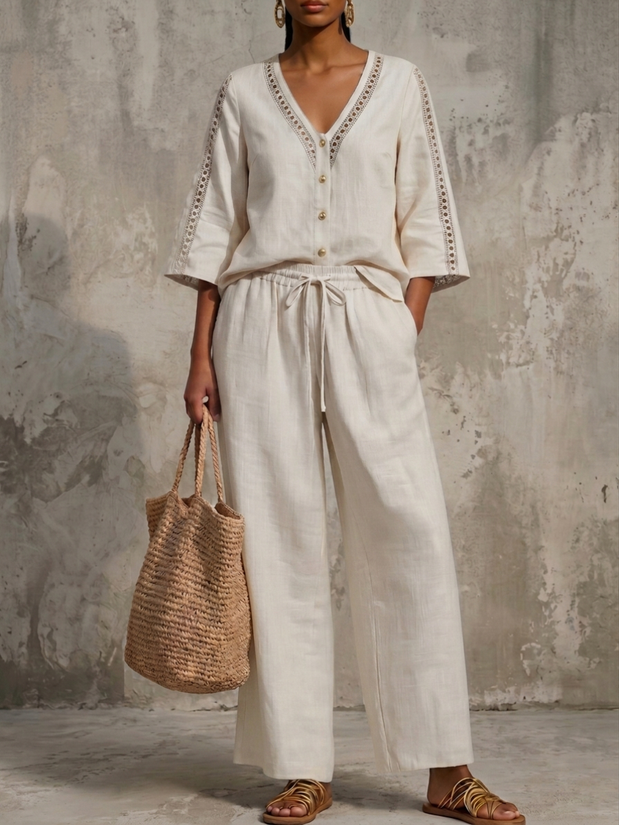 New Arrivals🔥Elegant V-Neck Hollow Lace Linen Shirt & Wide-Leg Pants Two-Piece Set