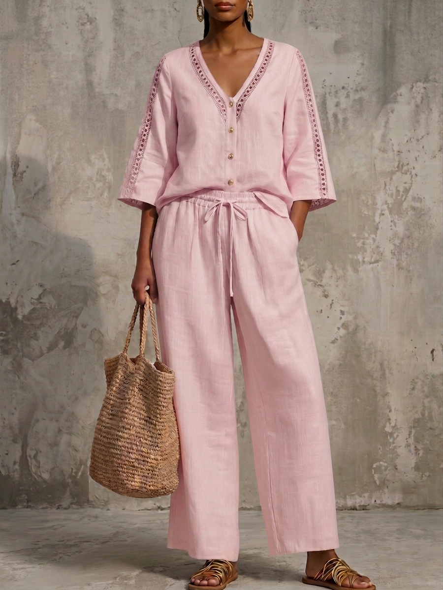 New Arrivals🔥Elegant V-Neck Hollow Lace Linen Shirt & Wide-Leg Pants Two-Piece Set