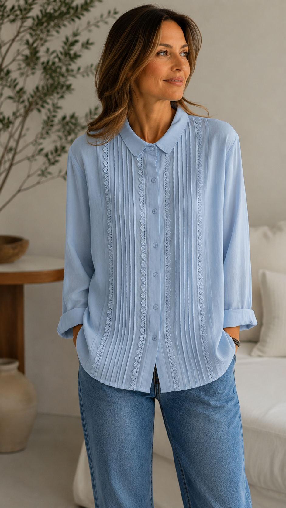 Women's Elegant Pleated Lace Button-Up Blouse – Long Sleeve Casual Loose Fit Shirt