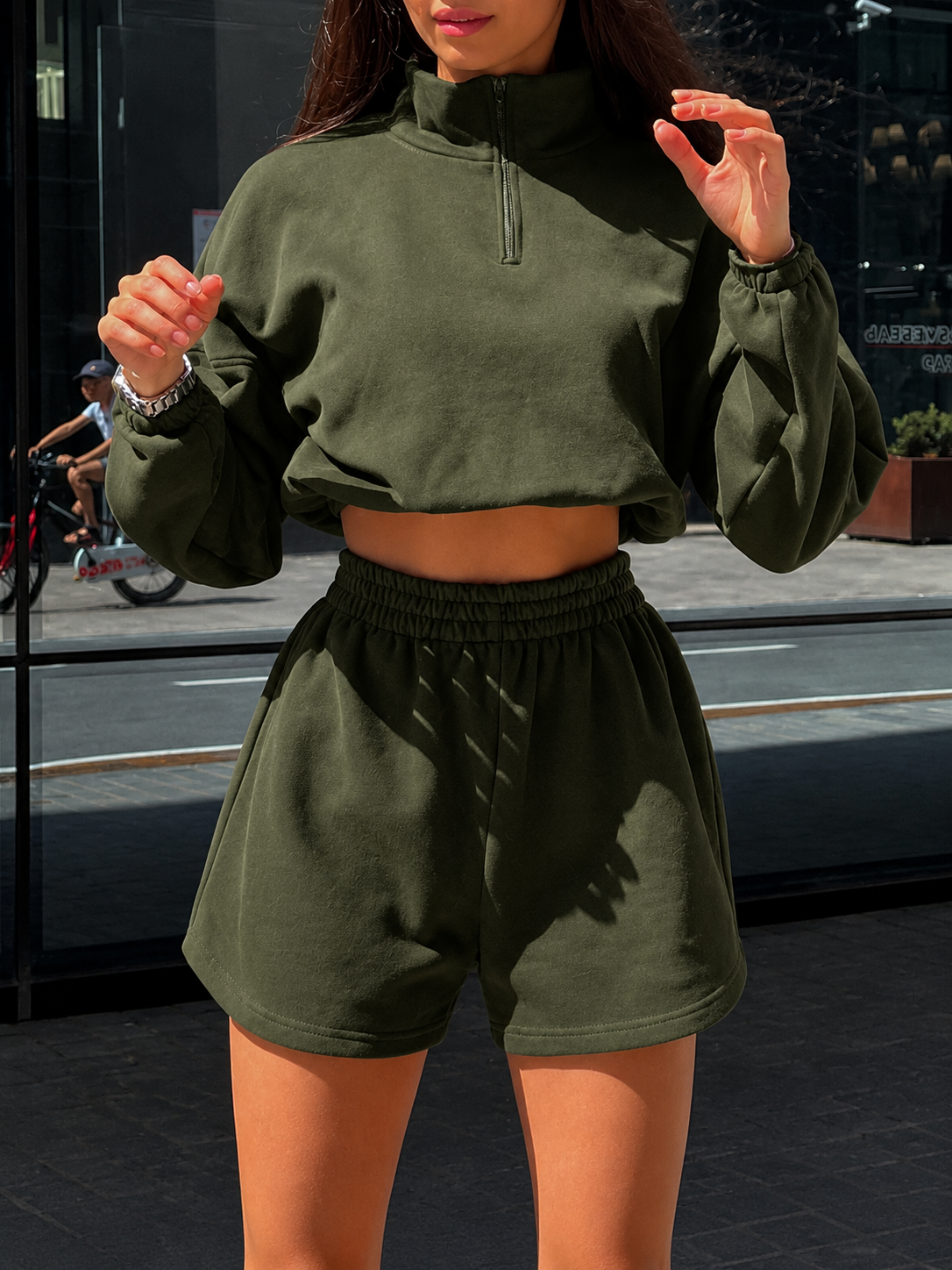 Women's Casual Two-Piece Set, Half-Zip Mock Neck Long Sleeve Sweatshirt & Shorts
