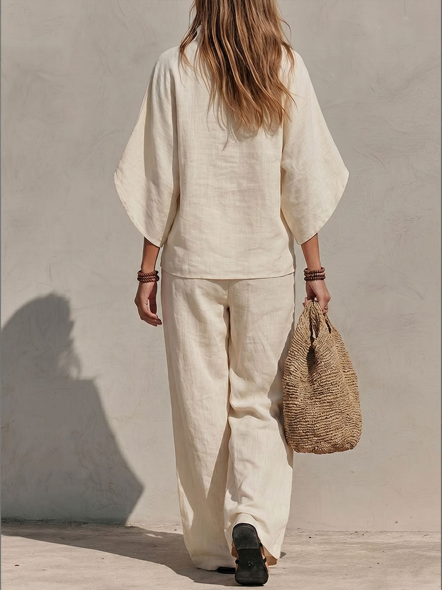 New Arrivals🔥Women's Solid-color Stand-collar 3/4-sleeve Loose-fit Top & High-waisted Wide-leg Pants Cotton-linen Casual Set
