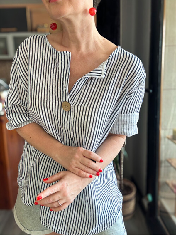 🌲🔥 Classic Striped V Neck Button Down Blouse