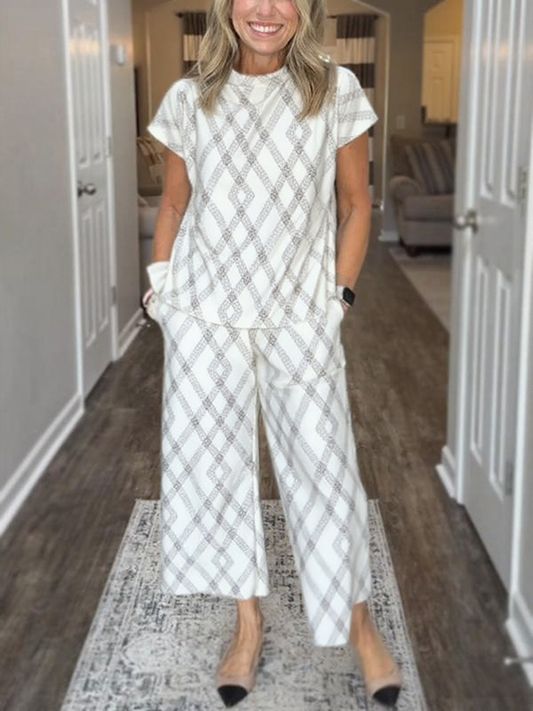 NEW🔥 Women's Round Neck Diamond Print Cozy Suit Two Piece Set