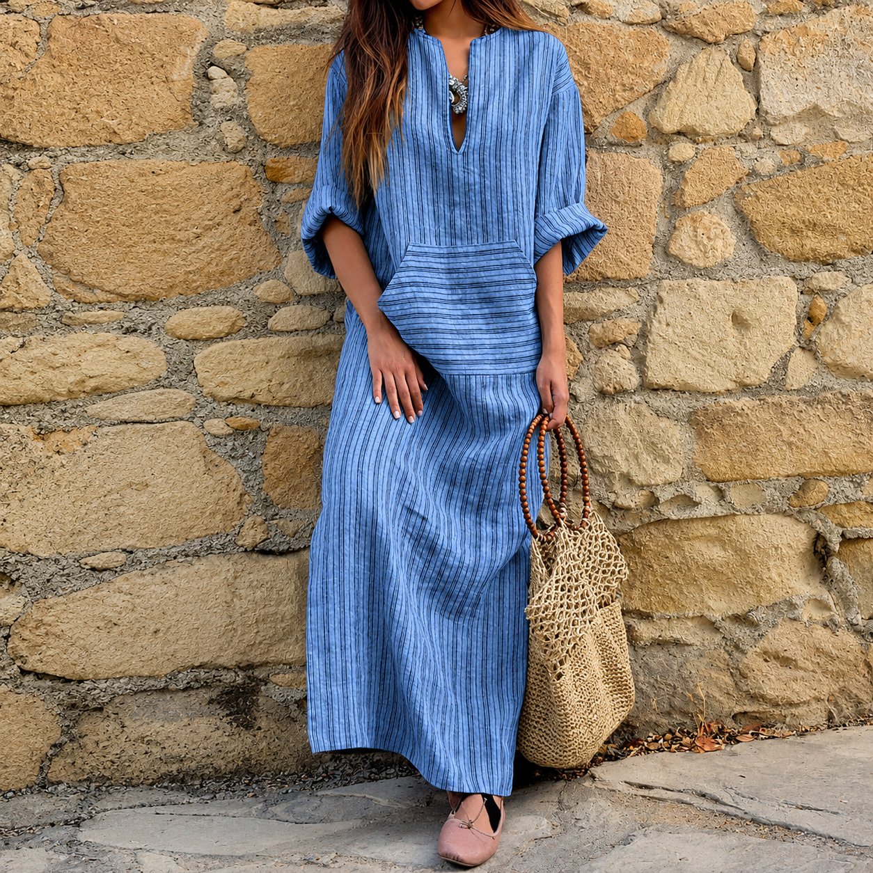Women's Boho Striped Linen Blend Maxi Dress – Relaxed Fit Casual Vacation Kaftan