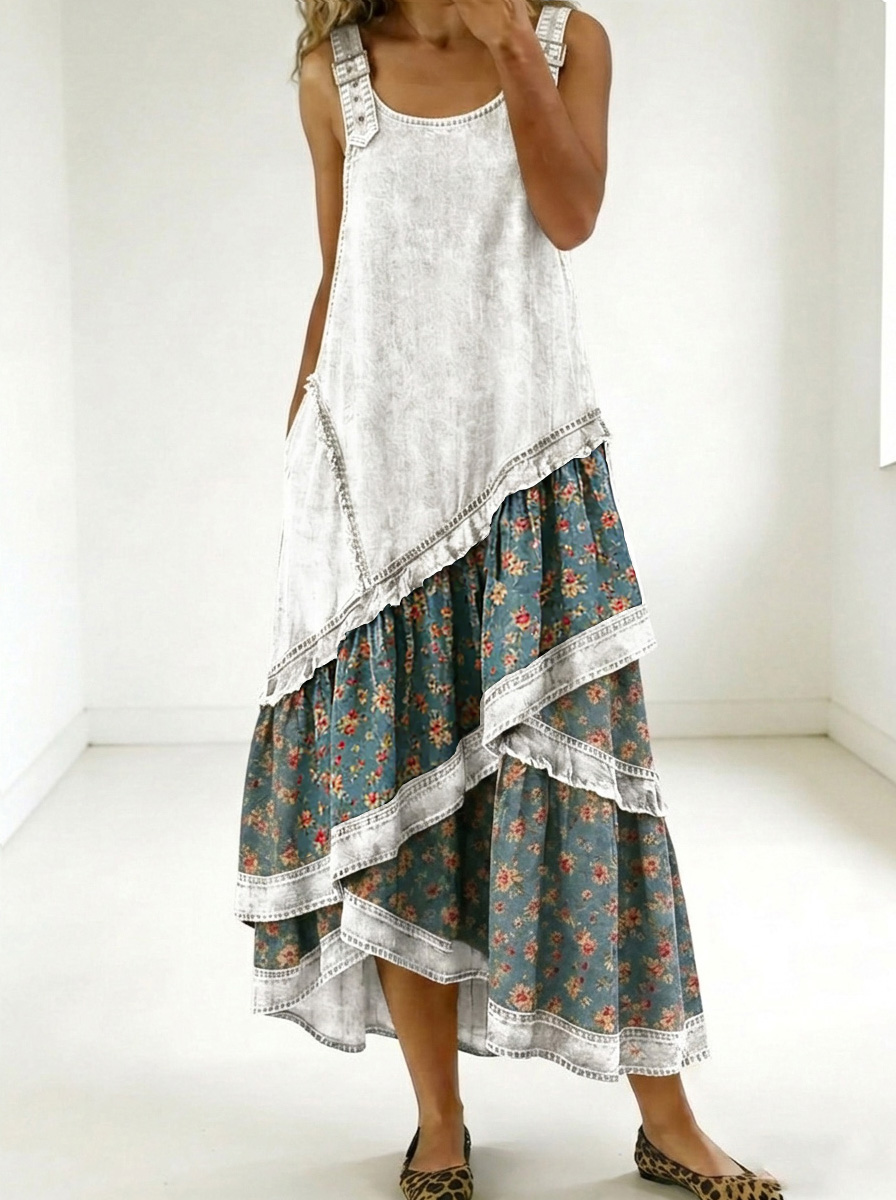 New Arrivals🔥 Women's Fashion Floral Denim Design Sleeveless Multi-layered Ruffled Strap Dress