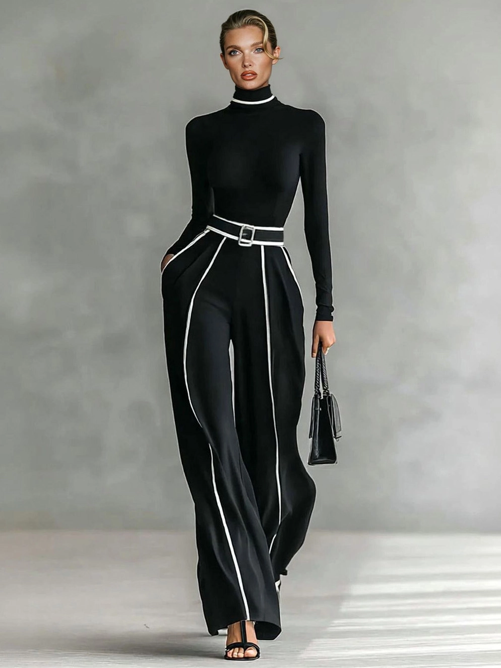 White Trim High-neck Long-sleeved Top With Wide-leg Pants and Belt Set