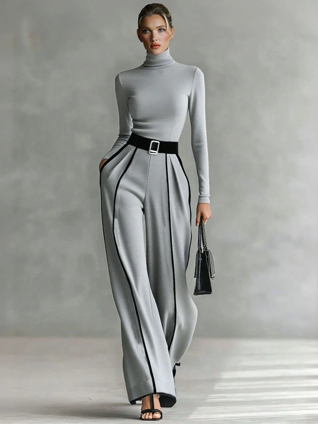 White Trim High-neck Long-sleeved Top With Wide-leg Pants and Belt Set