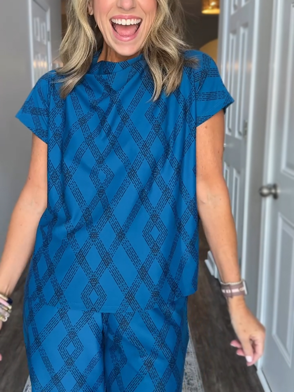 NEW🔥 Women's Round Neck Diamond Print Cozy Suit Two Piece Set