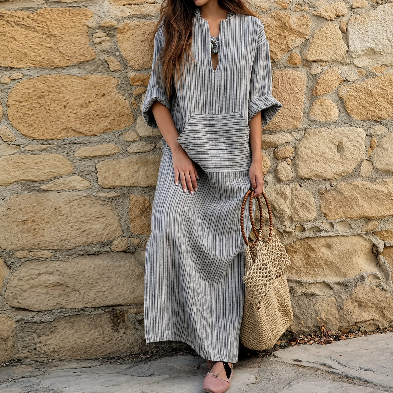 Women's Boho Striped Linen Blend Maxi Dress – Relaxed Fit Casual Vacation Kaftan