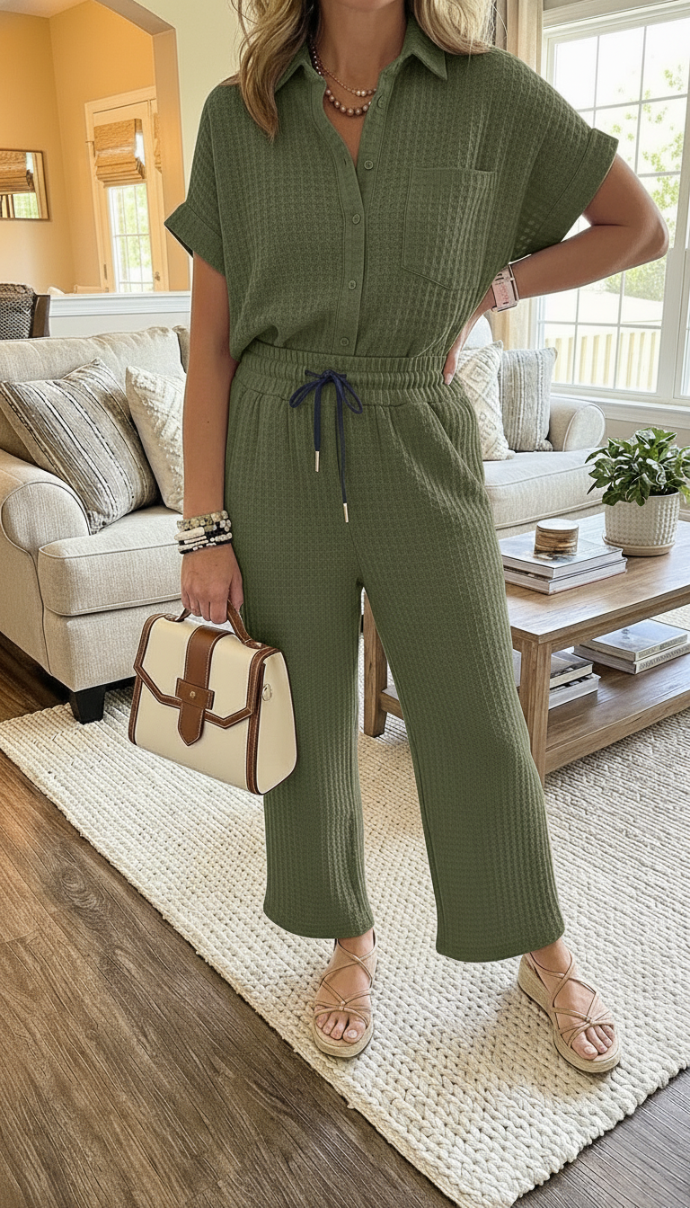 New Arrivals🔥Women's Waffle Textured Relaxed Fit Two-Piece Set