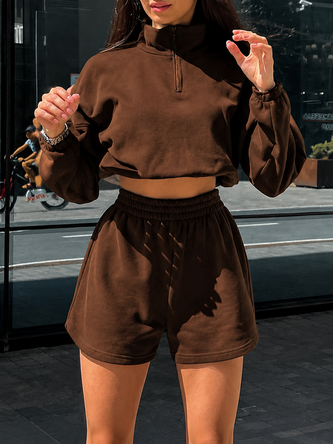 Women's Casual Two-Piece Set, Half-Zip Mock Neck Long Sleeve Sweatshirt & Shorts