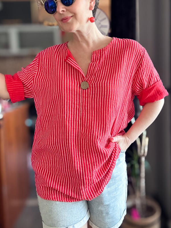 🌲🔥 Classic Striped V Neck Button Down Blouse