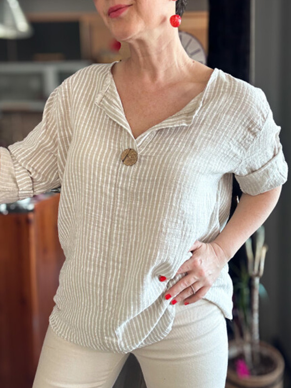 🌲🔥 Classic Striped V Neck Button Down Blouse