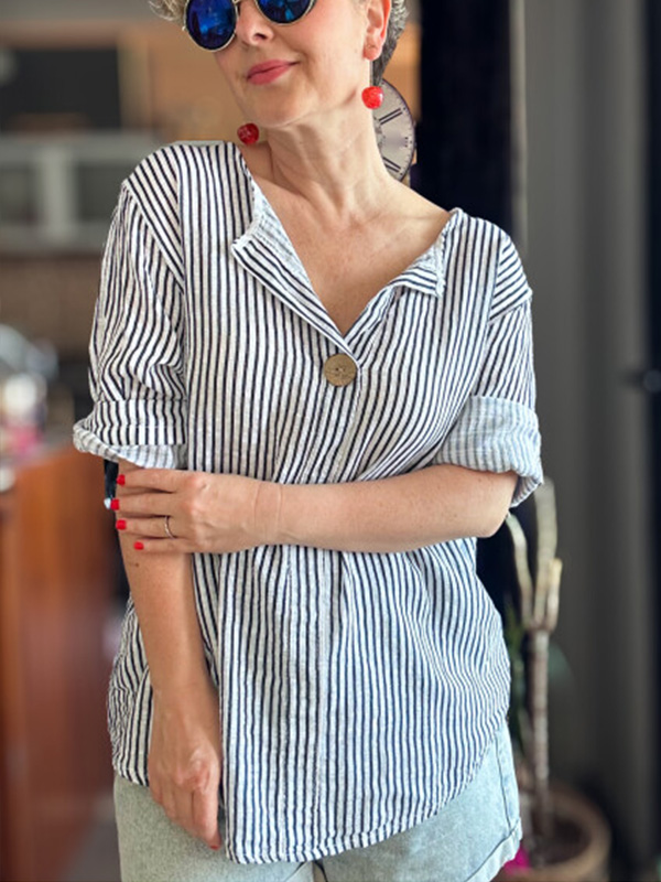 🌲🔥 Classic Striped V Neck Button Down Blouse