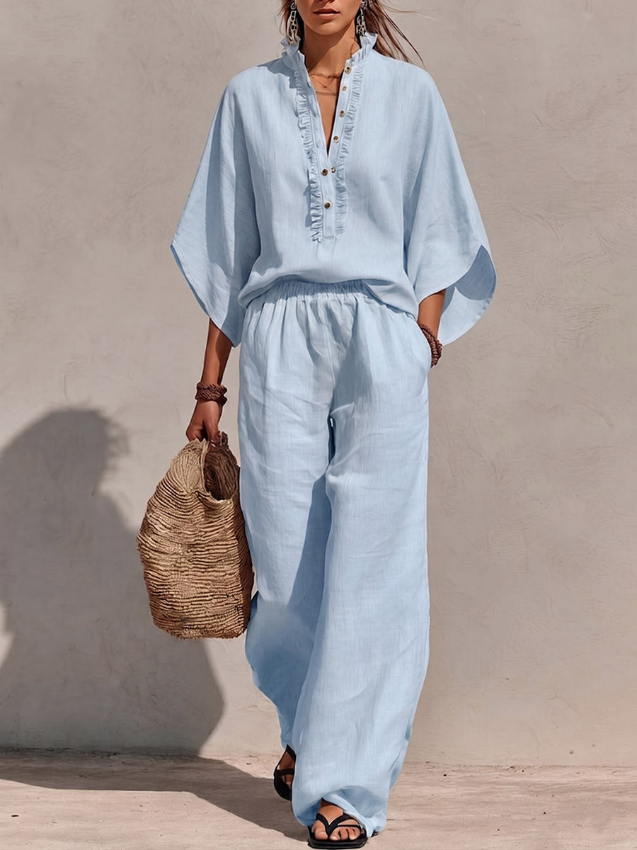 New Arrivals🔥Women's Solid-color Stand-collar 3/4-sleeve Loose-fit Top & High-waisted Wide-leg Pants Cotton-linen Casual Set