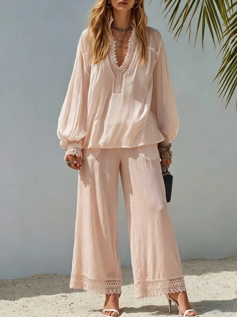 New Arrivals🔥 Women's Simple Lace-trim Cotton And Linen Set