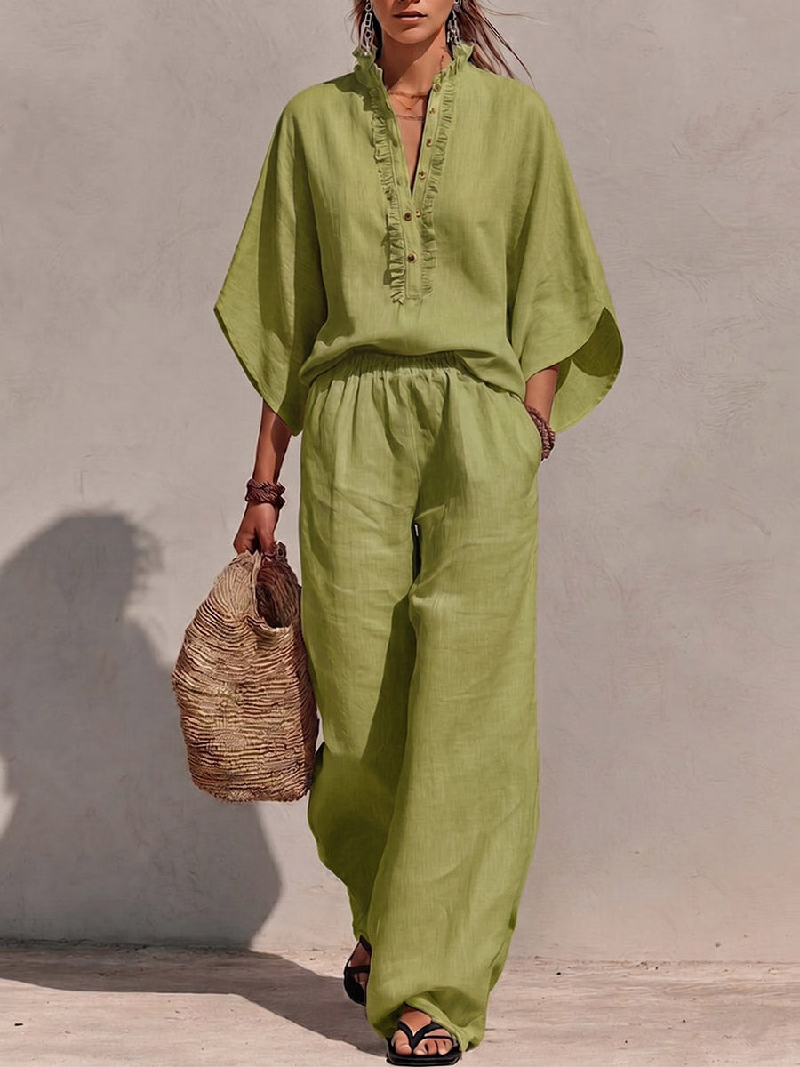 New Arrivals🔥Women's Solid-color Stand-collar 3/4-sleeve Loose-fit Top & High-waisted Wide-leg Pants Cotton-linen Casual Set