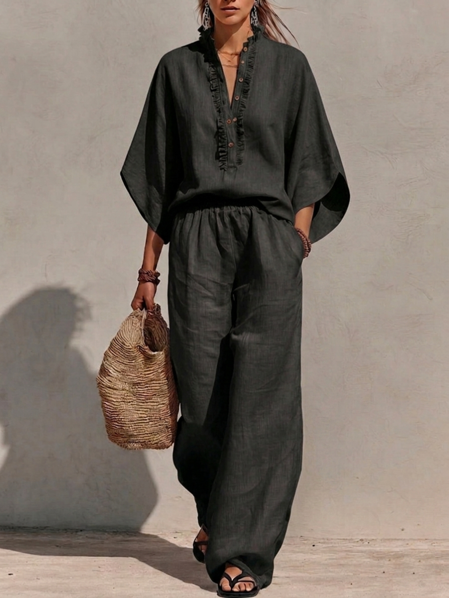 New Arrivals🔥Women's Solid-color Stand-collar 3/4-sleeve Loose-fit Top & High-waisted Wide-leg Pants Cotton-linen Casual Set