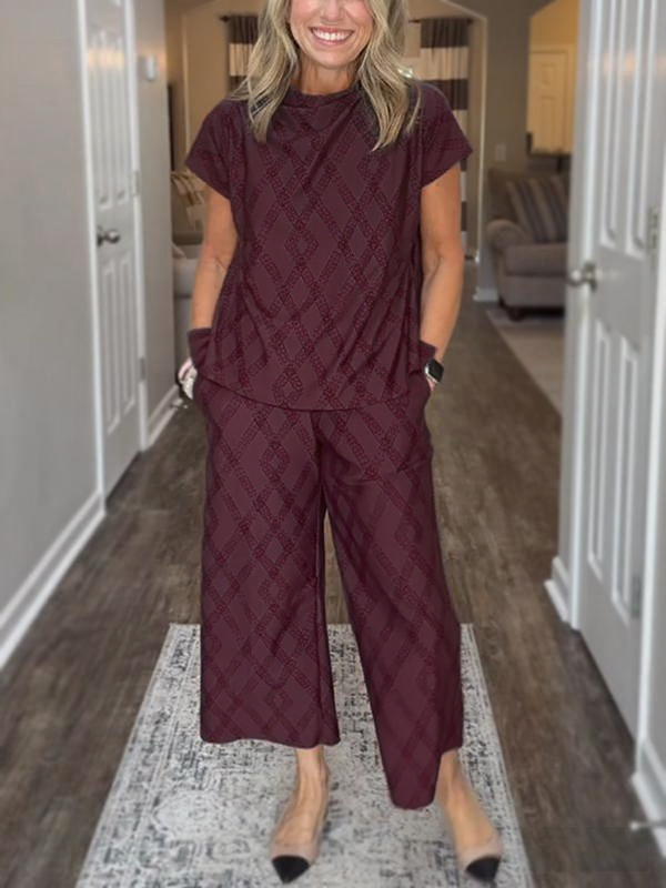 NEW🔥 Women's Round Neck Diamond Print Cozy Suit Two Piece Set