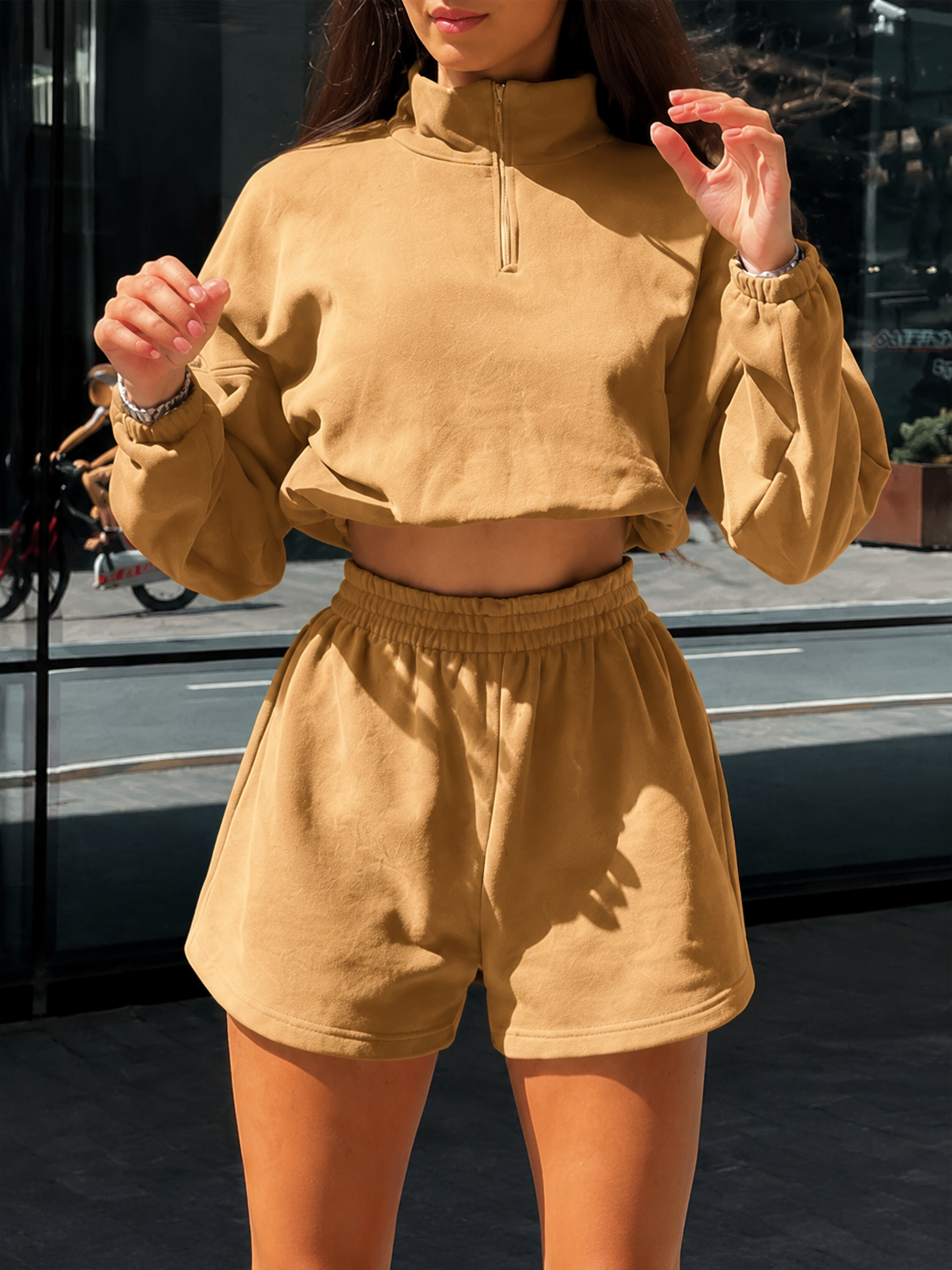 Women's Casual Two-Piece Set, Half-Zip Mock Neck Long Sleeve Sweatshirt & Shorts