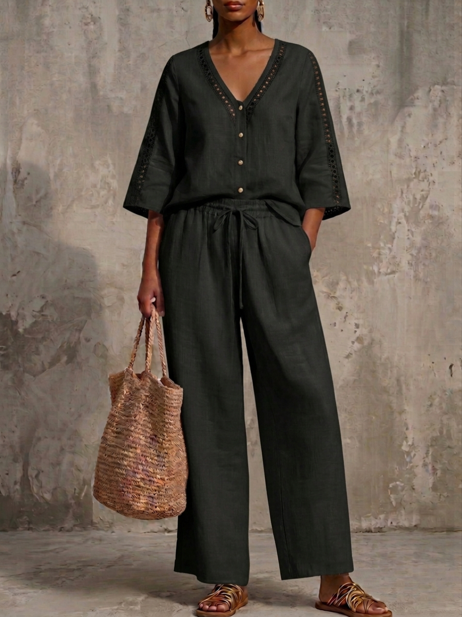 New Arrivals🔥Elegant V-Neck Hollow Lace Linen Shirt & Wide-Leg Pants Two-Piece Set