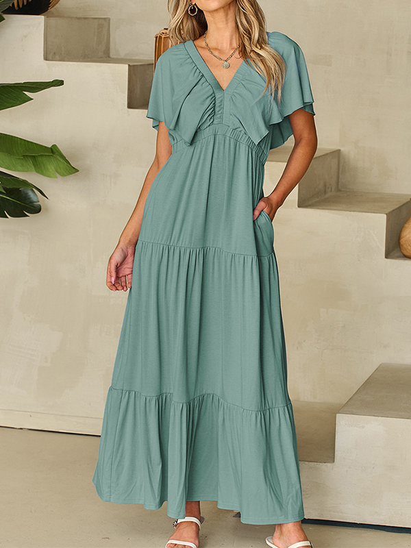 🌲🔥 Ruffled V Neck Flutter Sleeve Maxi Dress