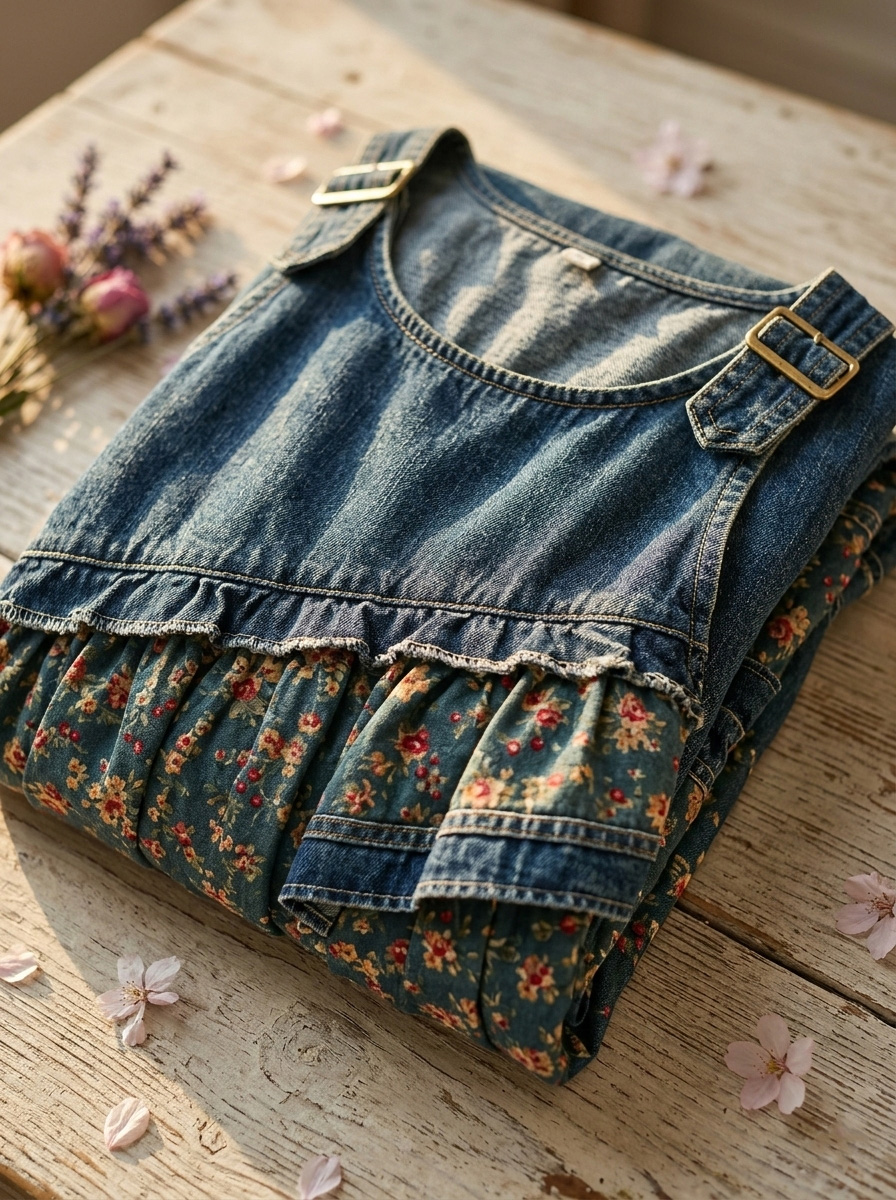 New Arrivals🔥 Women's Fashion Floral Denim Design Sleeveless Multi-layered Ruffled Strap Dress