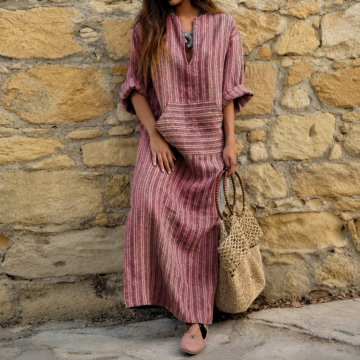 Women's Boho Striped Linen Blend Maxi Dress – Relaxed Fit Casual Vacation Kaftan