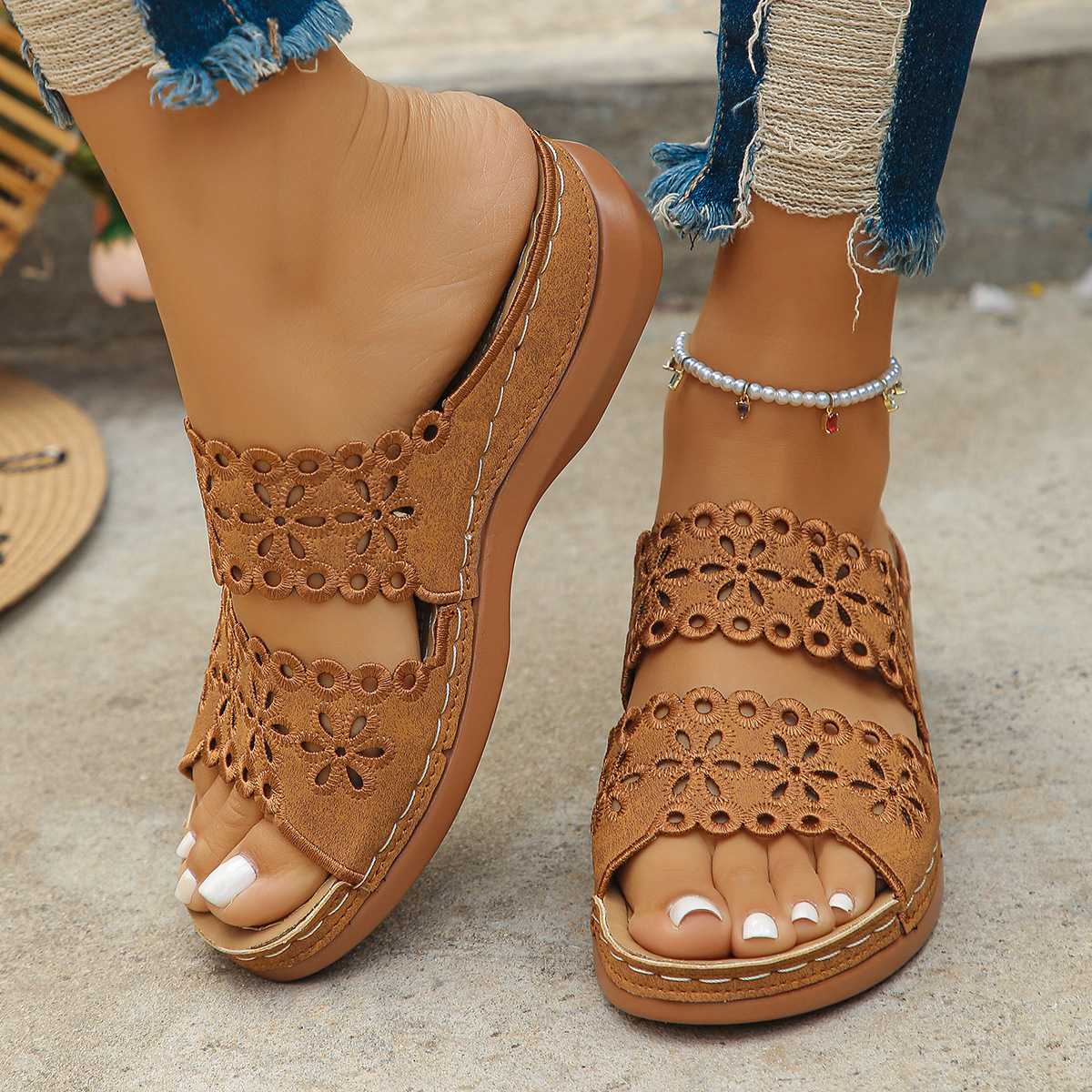 Hollow Embroidery Platform Slides with Built-In Arch Support & Slip On Convenience