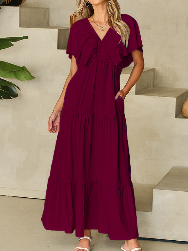 🌲🔥 Ruffled V Neck Flutter Sleeve Maxi Dress