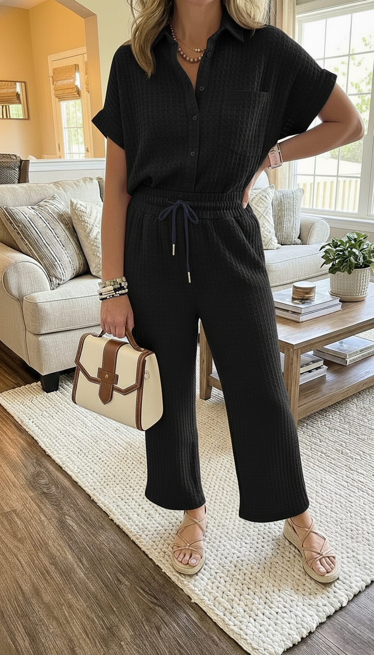 New Arrivals🔥Women's Waffle Textured Relaxed Fit Two-Piece Set