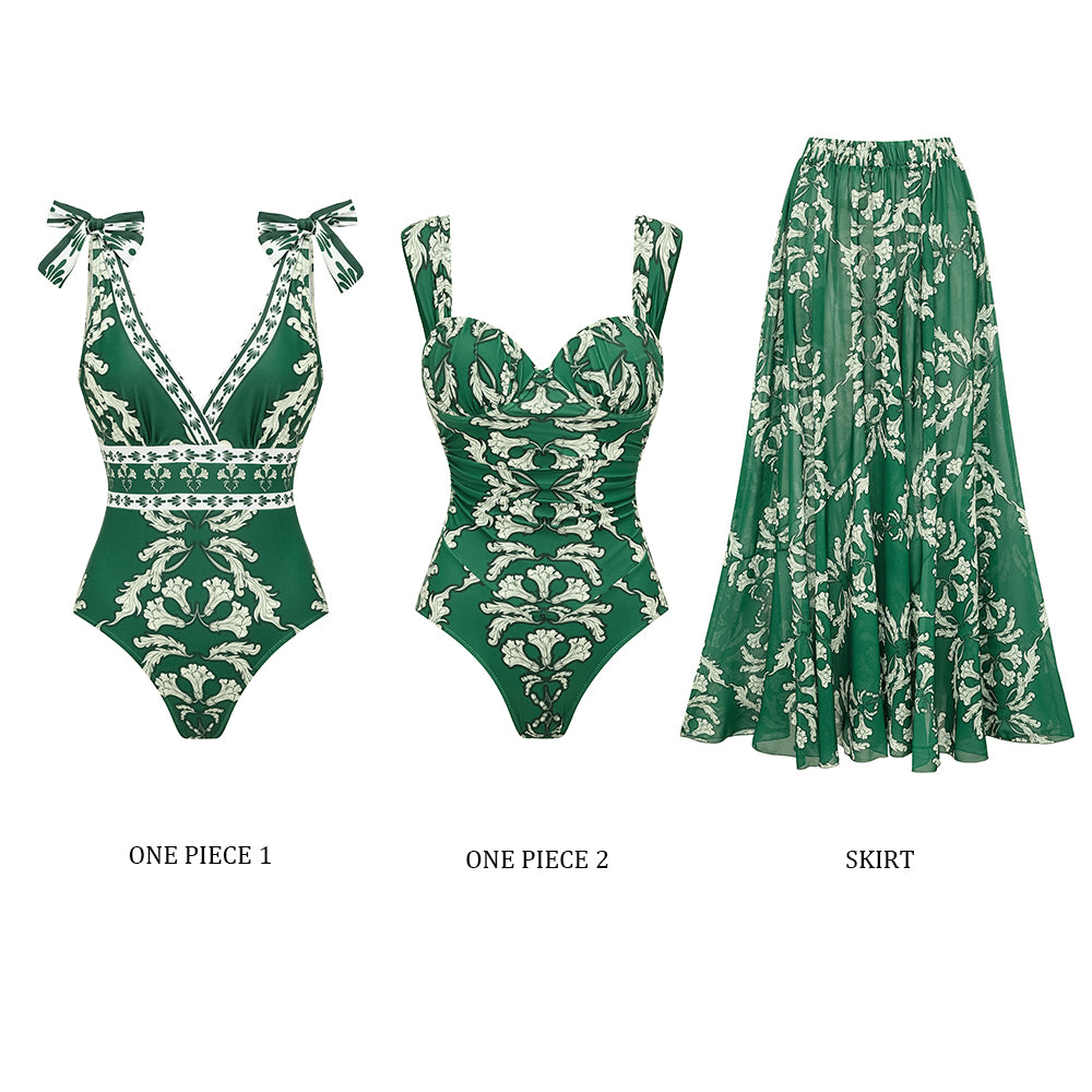 📢 Limited-time 70% off 🔥Green V Neck Lace Up Printed One Piece Swimsuit and Skirt
