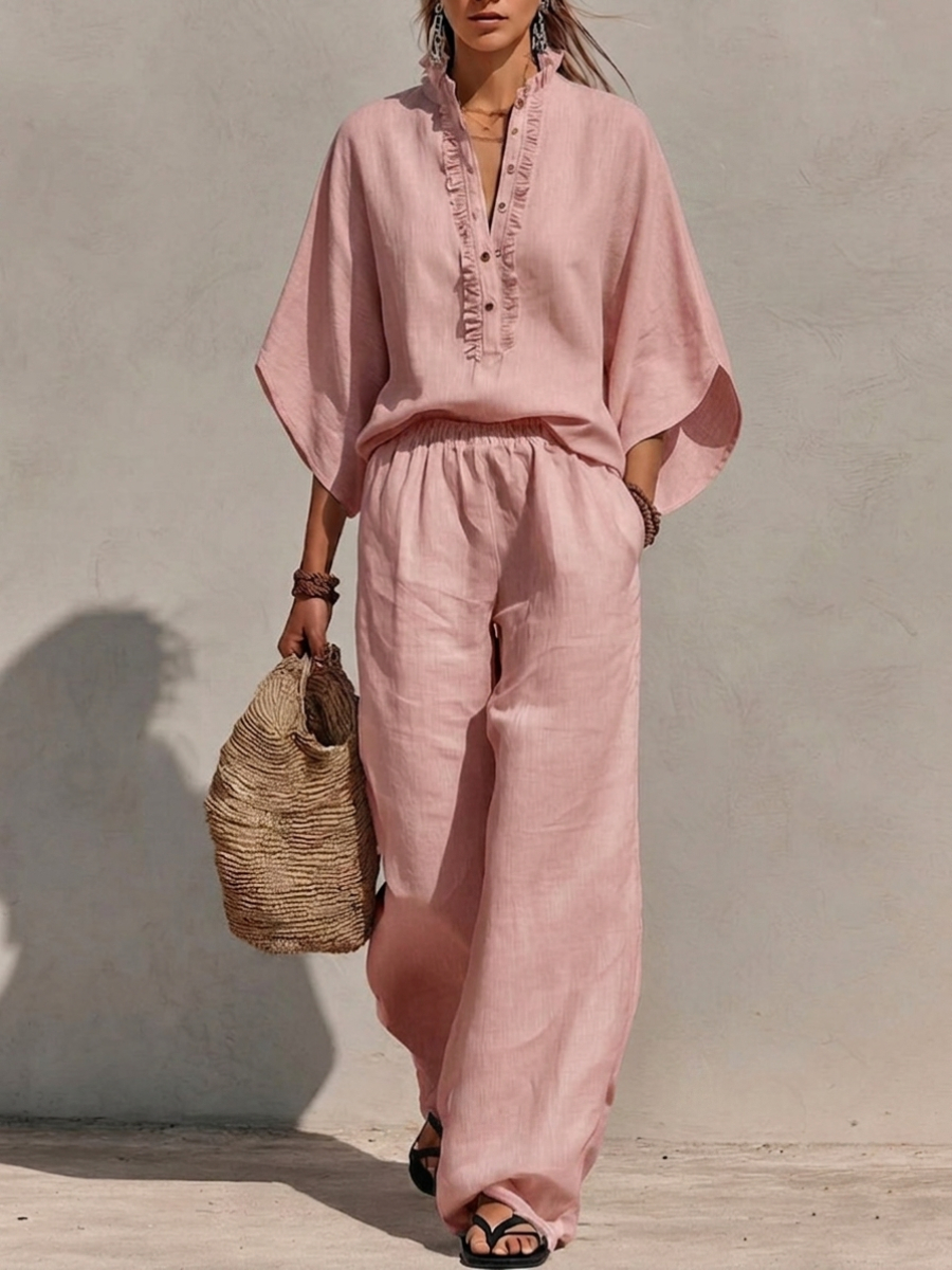 New Arrivals🔥Women's Solid-color Stand-collar 3/4-sleeve Loose-fit Top & High-waisted Wide-leg Pants Cotton-linen Casual Set
