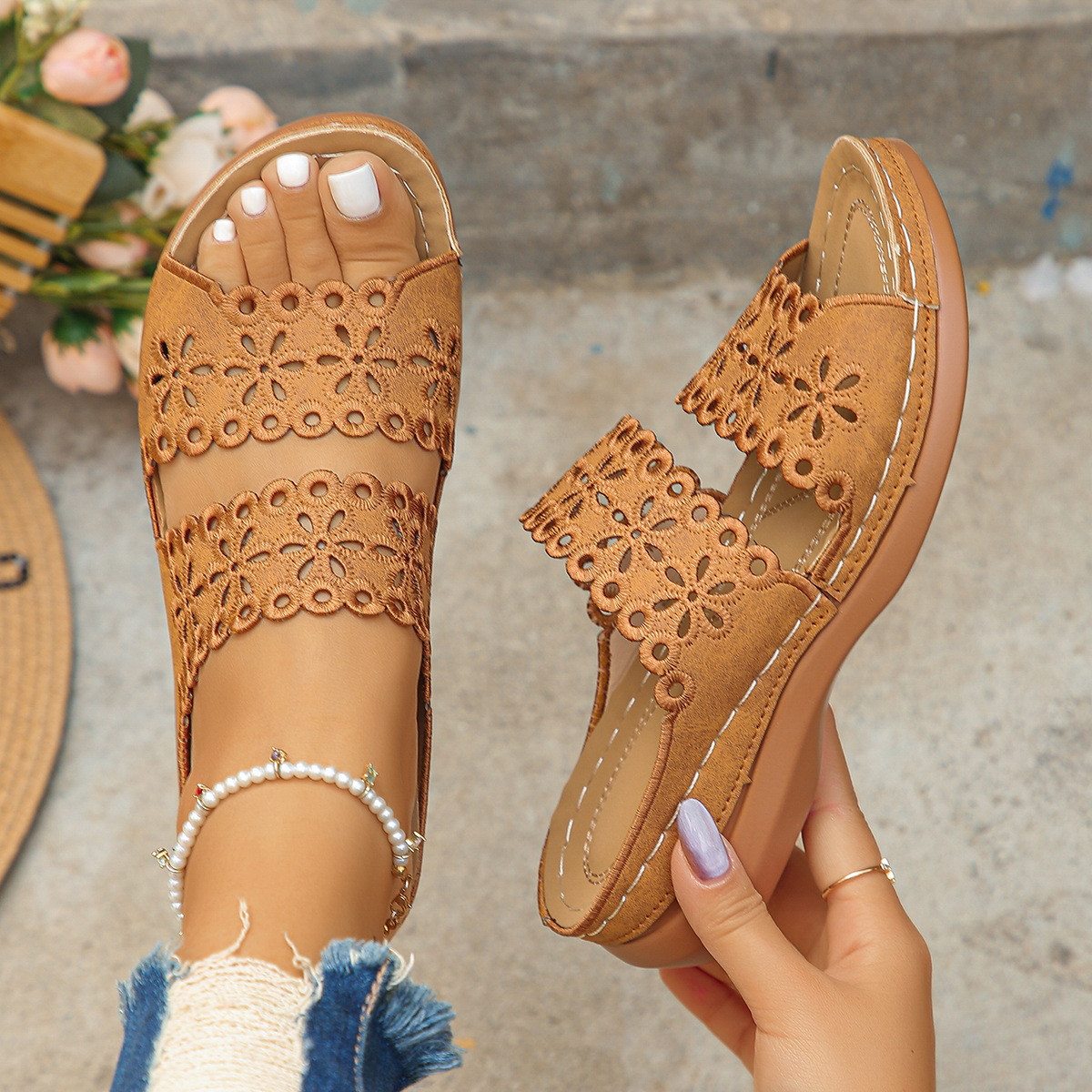 Hollow Embroidery Platform Slides with Built-In Arch Support & Slip On Convenience