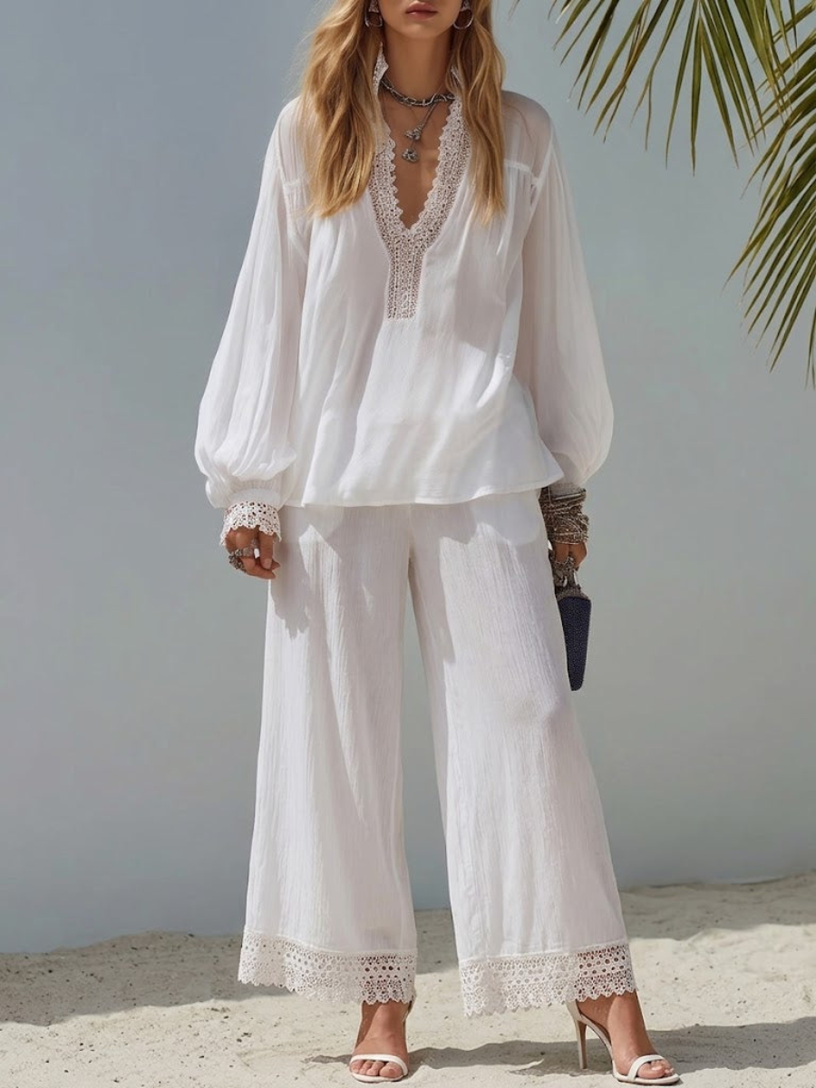 New Arrivals🔥 Women's Simple Lace-trim Cotton And Linen Set