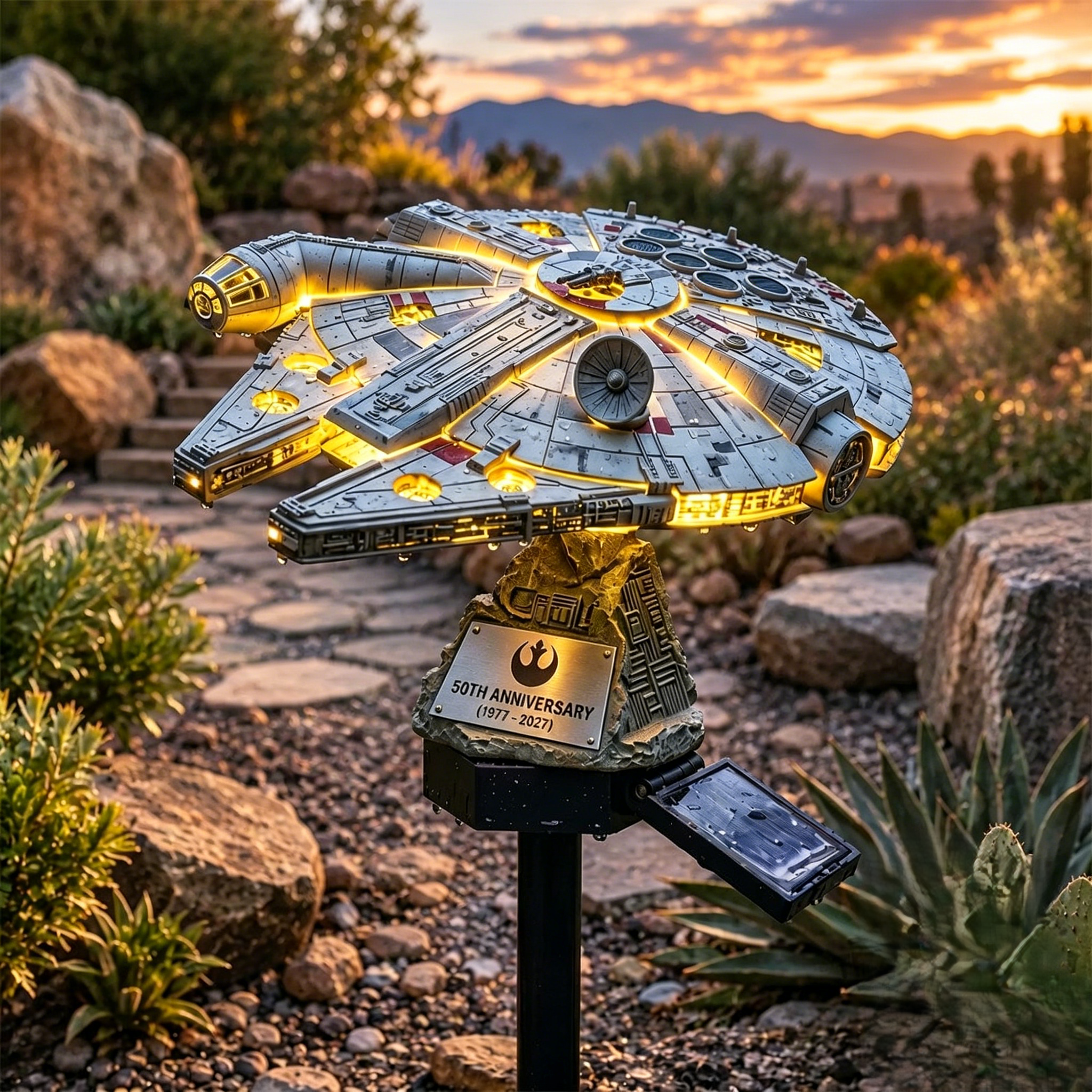 ⭐ Star Wars Solar Garden Stake Lights | Darth Vader Helmet & Millennium Falcon LED Outdoor Landscape Lamp