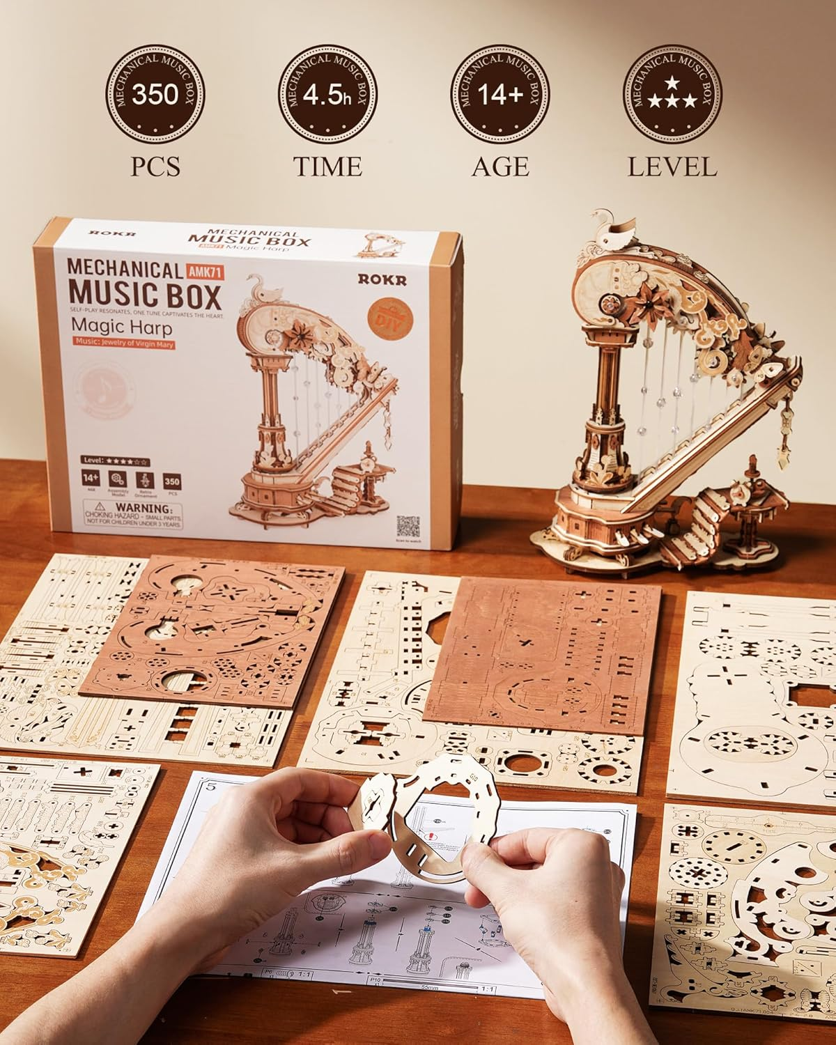 Option 3 🎵 3D Wooden Puzzle for Adults – Self-Playing Harp Music Box, Mechanical Model Kit, Timeless Gift 🎁✨