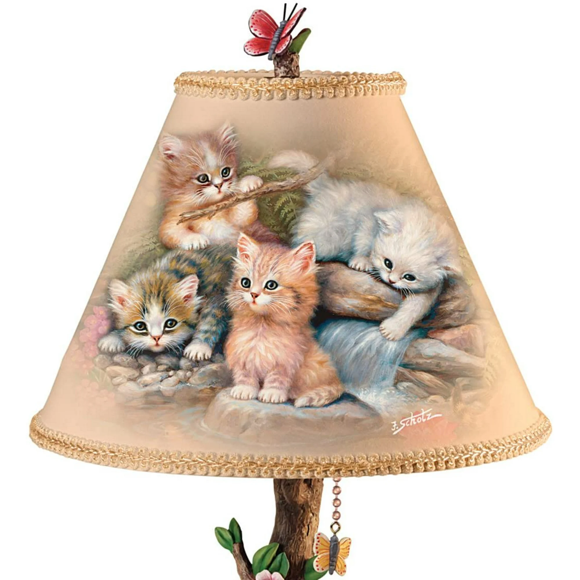 🐱 Country Kitties Table Lamp – Hand-Painted Sculpted Base with Butterfly Finial 🌼🦋