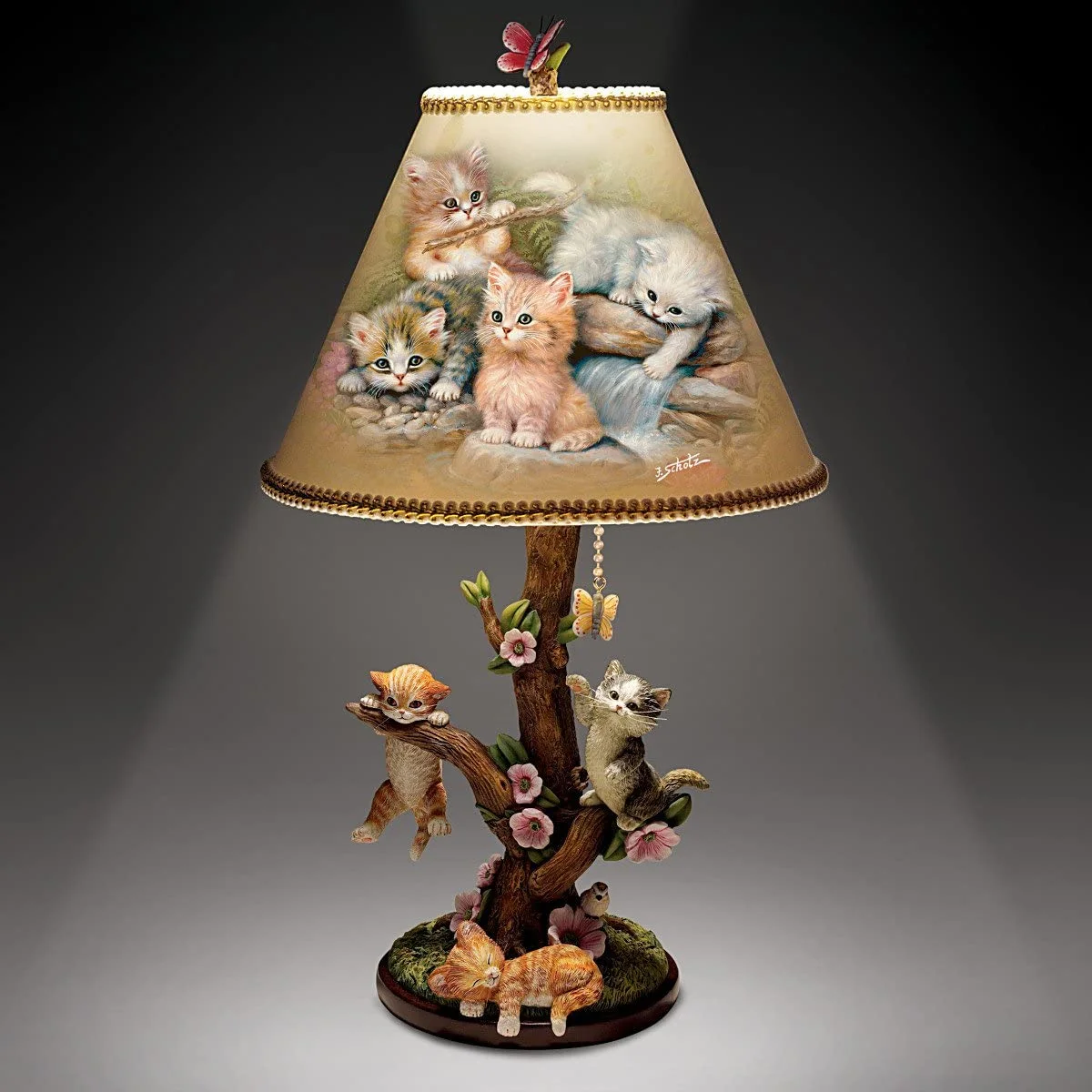 🐱 Country Kitties Table Lamp – Hand-Painted Sculpted Base with Butterfly Finial 🌼🦋