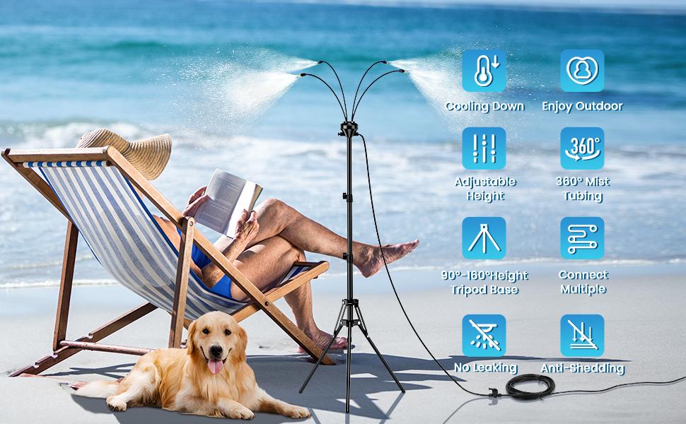 Standing Misters for Outside Patio,Portable Misting System for Cooling Outdoor - 32.8Ft Stand Misting Line with Adjustable Height 5.25 FT Stand Spray for Yard Garden BBQ Party Pool Water Playing Beach Tropical Sprinklers