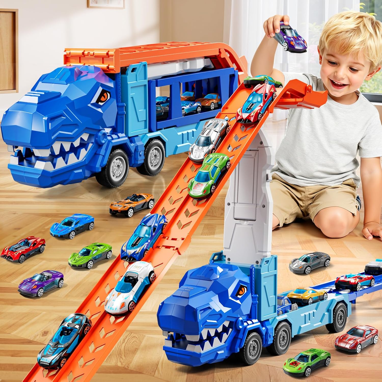 🦕🚗 Dinosaur Truck Track Set with 12 Die-Cast Cars | Fun Toy Gift for Kids 3-8