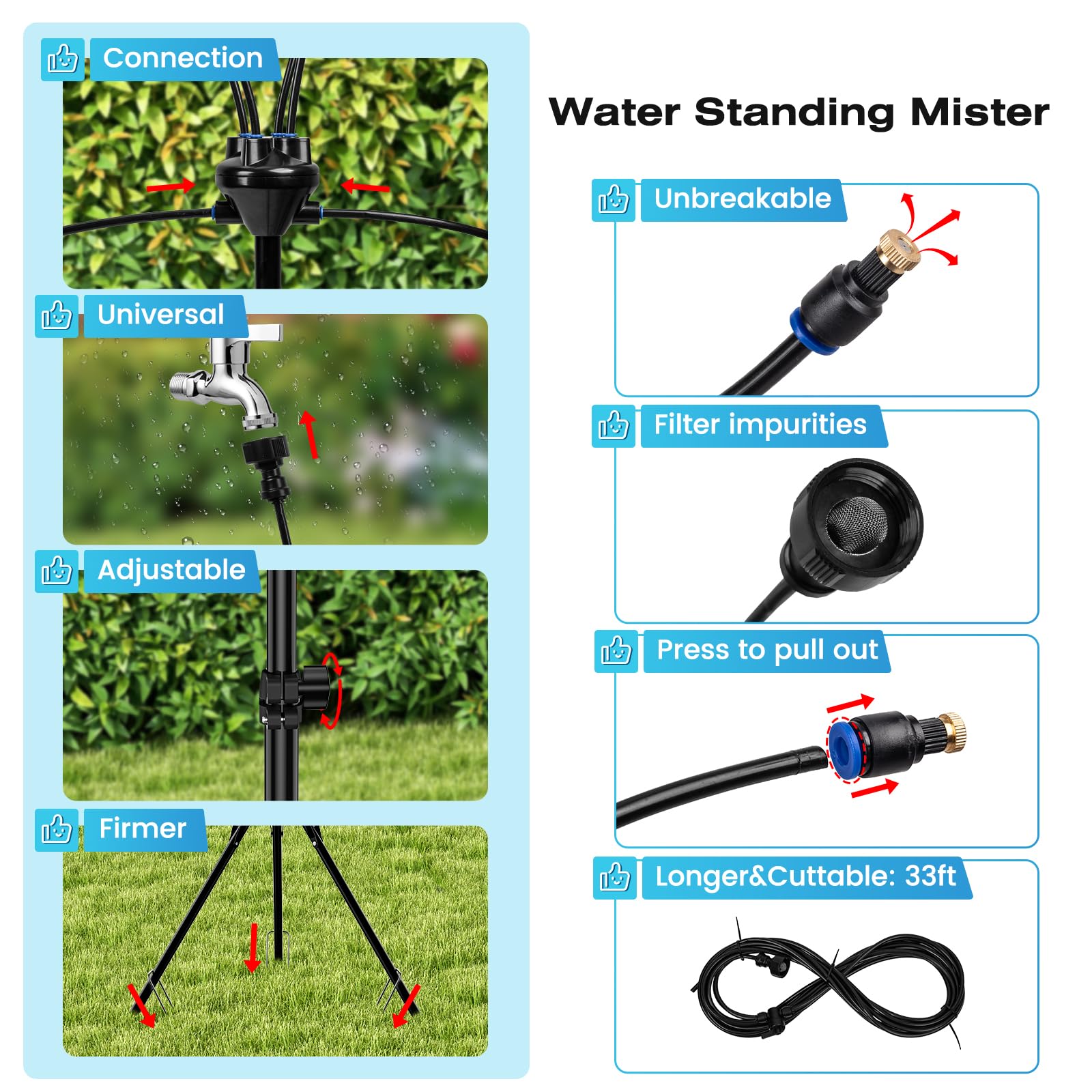 Standing Misters for Outside Patio,Portable Misting System for Cooling Outdoor - 32.8Ft Stand Misting Line with Adjustable Height 5.25 FT Stand Spray for Yard Garden BBQ Party Pool Water Playing Beach Tropical Sprinklers