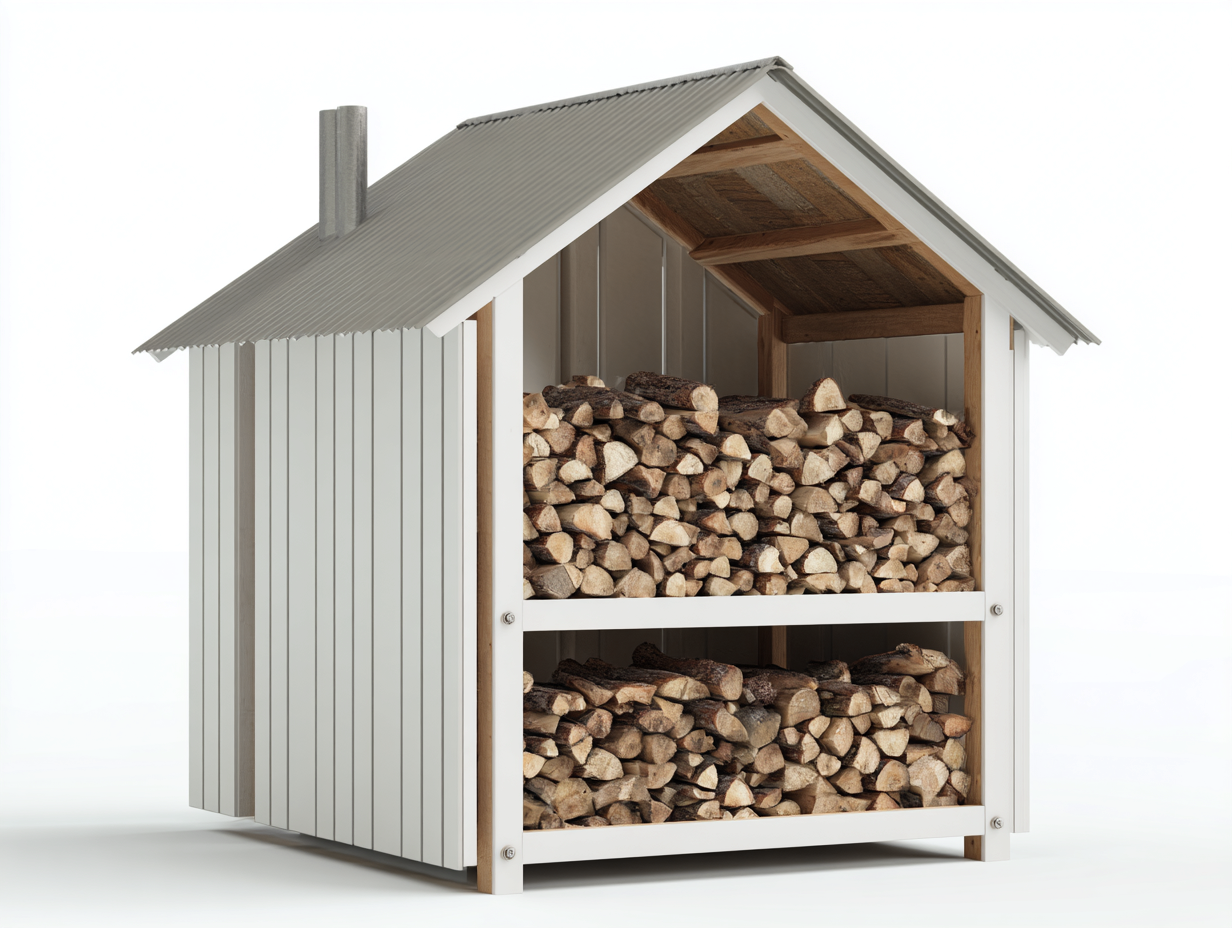 Abri à bûches en bois et métal 140x60x165 cm – blanc et gris – design contemporain pour extérieur-Loftgetbase