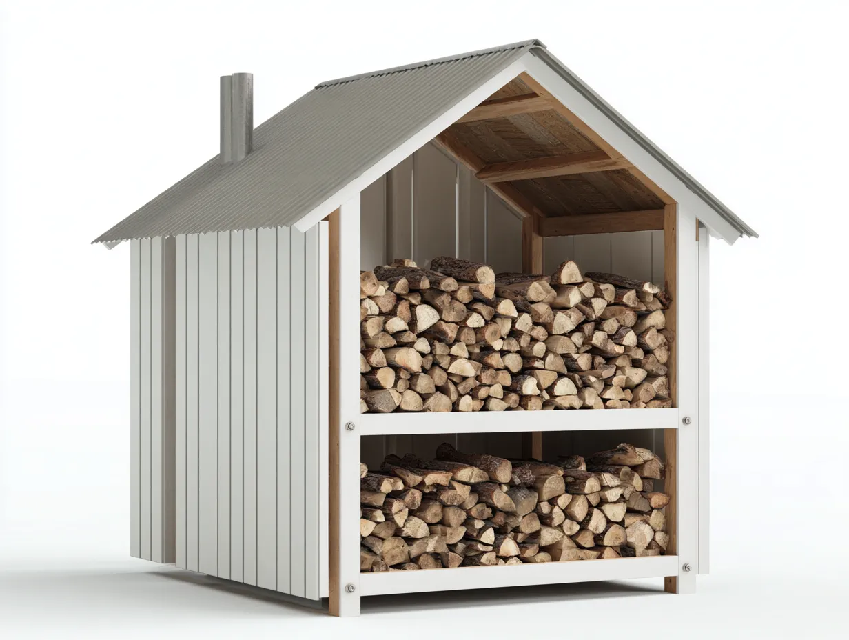Abri à bûches en bois et métal 140x60x165 cm – blanc et gris – design contemporain pour extérieur-Loftgetbase