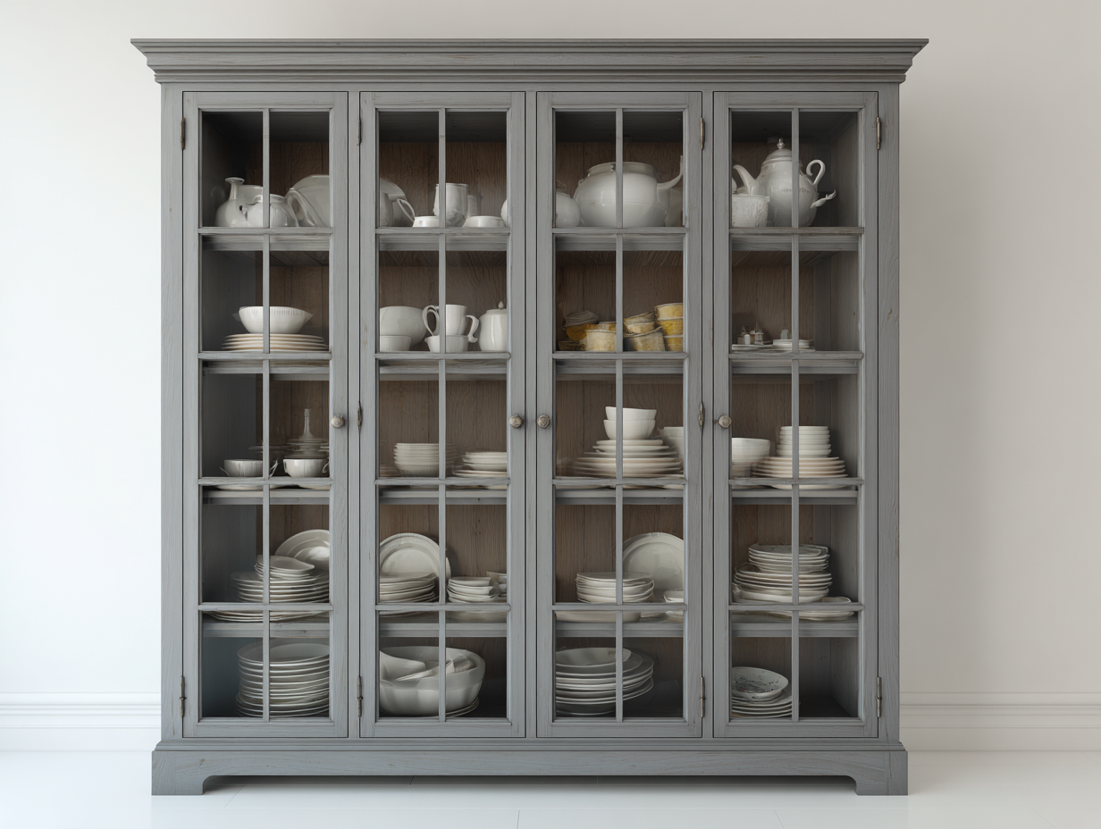 Vitrine en bois avec portes vitrées 180x45x200 cm – gris – style classique pour cuisine-Loftgetbase