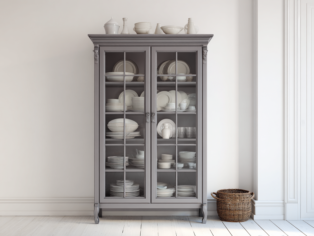 Vitrine en bois avec portes vitrées 90x45x200 cm – gris – style classique pour cuisine-Loftgetbase
