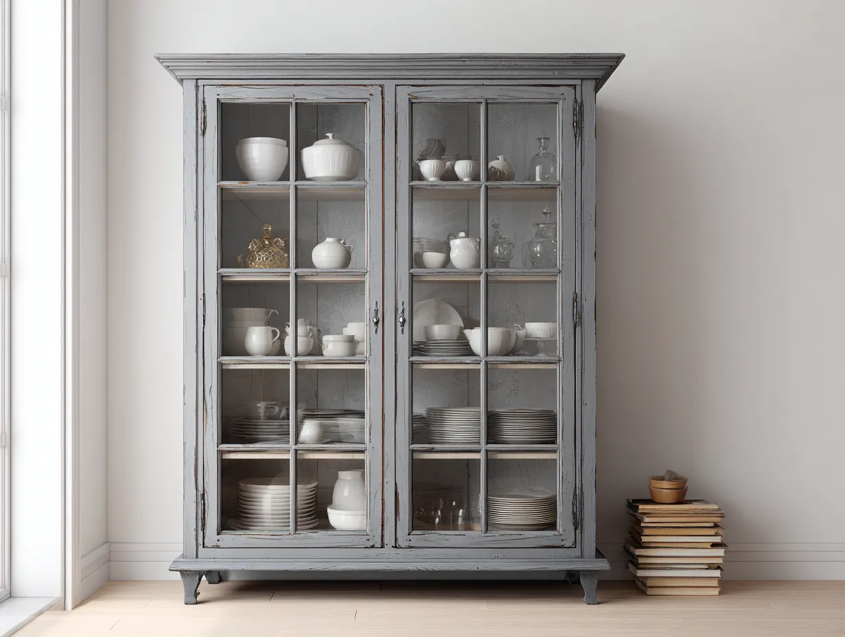 Vitrine en bois avec portes vitrées 110x45x195 cm – gris patiné – style classique pour cuisine-Loftgetbase