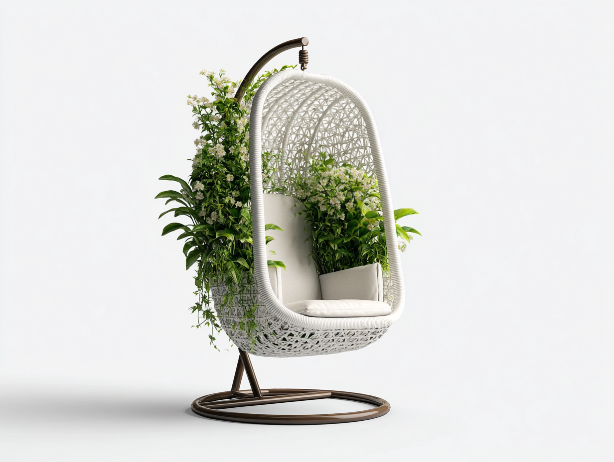 Hängesessel für Garten - Rattan-Metall-Stoff - 108 x 102 x 192 cm - Weiß-Braun-Beige - Modern-Loftmybase
