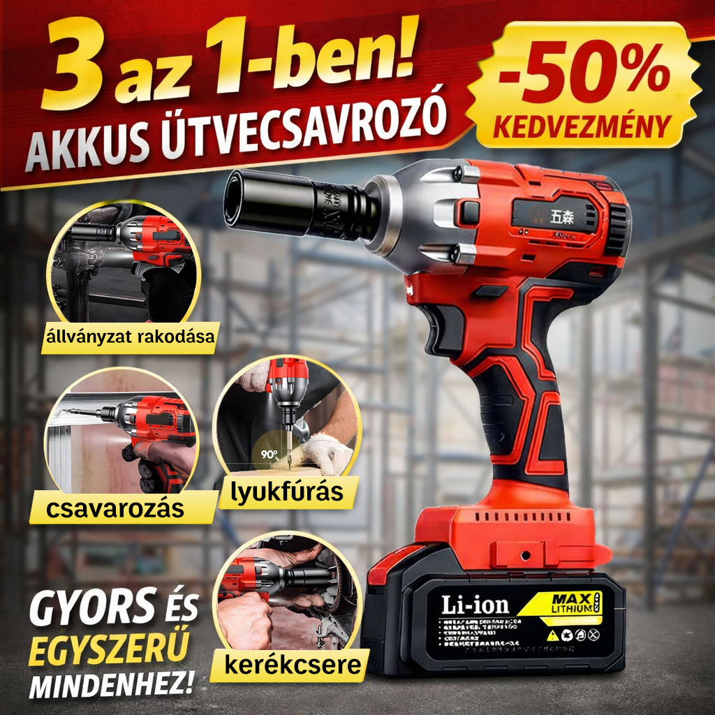 Akkus lítium-ion akkumulátoros ütvecsavarozó, elektromos nyomatékkulcs, többcélú javítószerszám, alkalmas nagy teherbírású csavarokhoz az autóiparban, az építőiparban és a barkácsolásban.