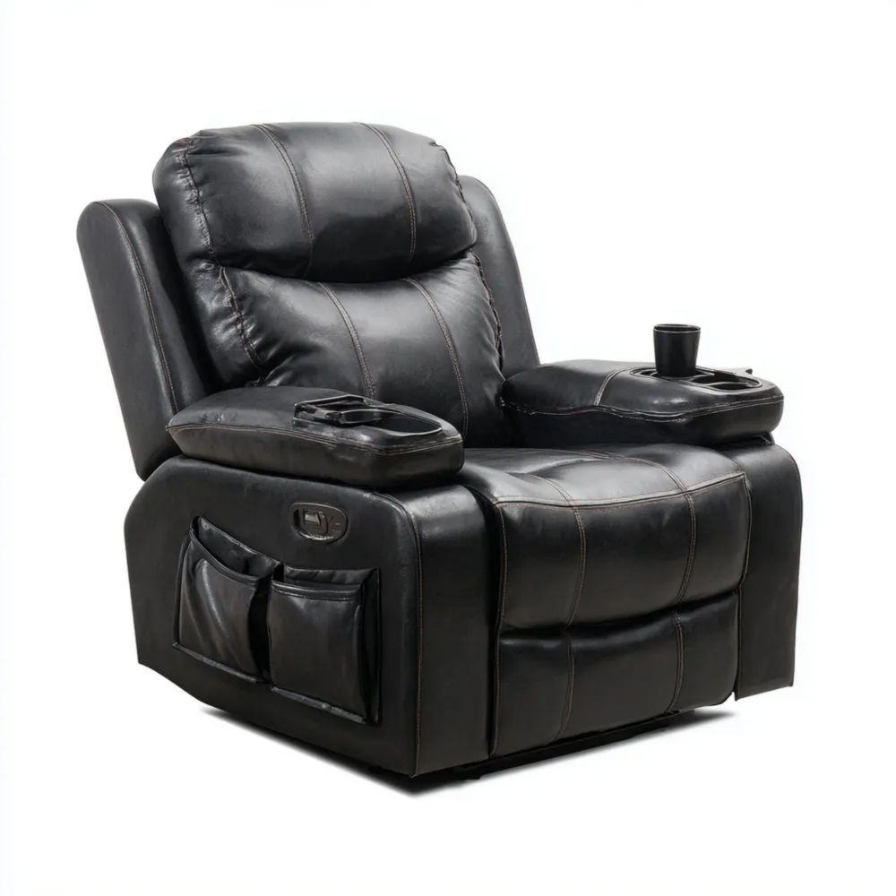 Poltrona reclinabile in pelle sintetica Nera 90x85x105 cm con portabicchieri e tasche laterali - Design moderno
